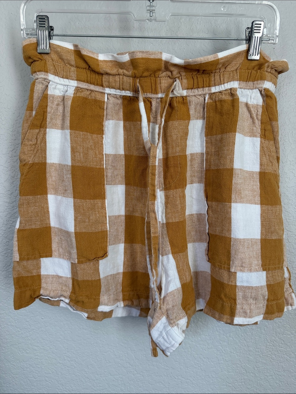 WHO WHAT WEAR | Gingham Check Yellow Drawstring Linen Blended Shorts SZ - S - Picture 5 of 6